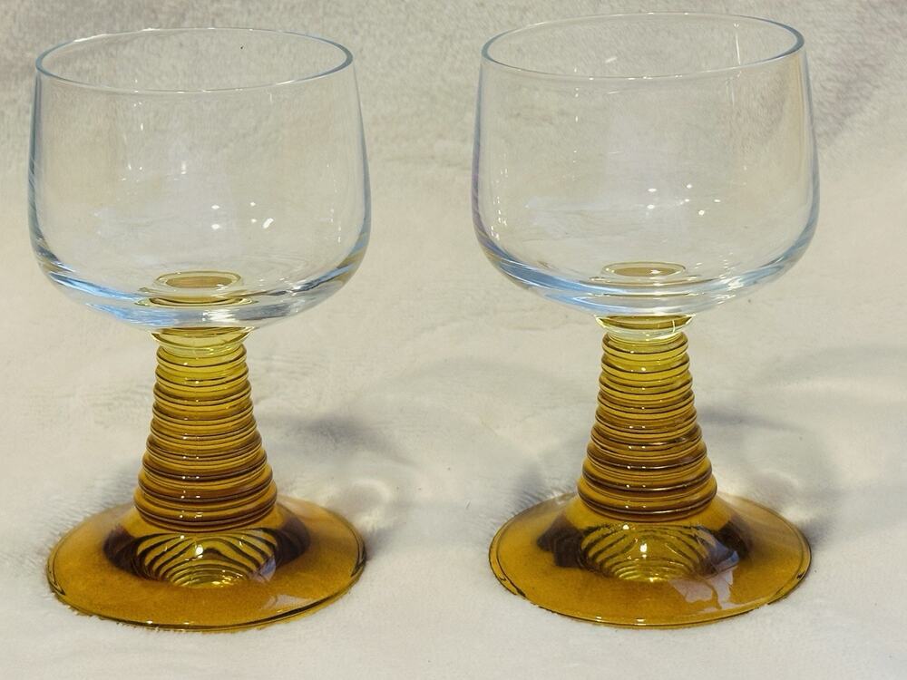 VTG Roemer Wine Glasses Goblets Amber Beehive Stem Made in Germany Set of 2